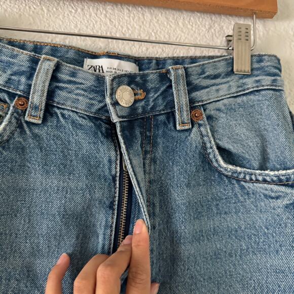 Zara Wide Leg Jeans Womens 2 distressed medium wash high rise zipper fly - Picture 4 of 6